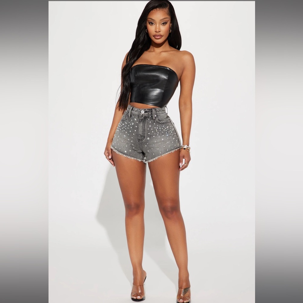 FASHIONNOVA Grey Razzle Dazzle Embellished Cut Off Denim Shorts 15